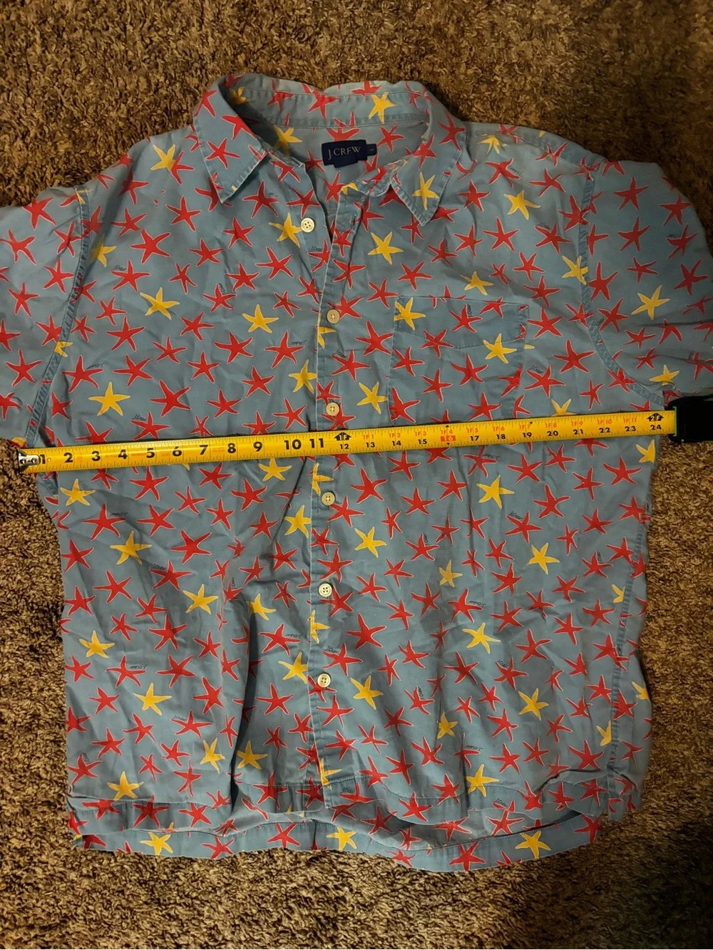 J. Crew Light Blue Short Sleeve Button-Down Shirt with Red & Yellow Star Print L